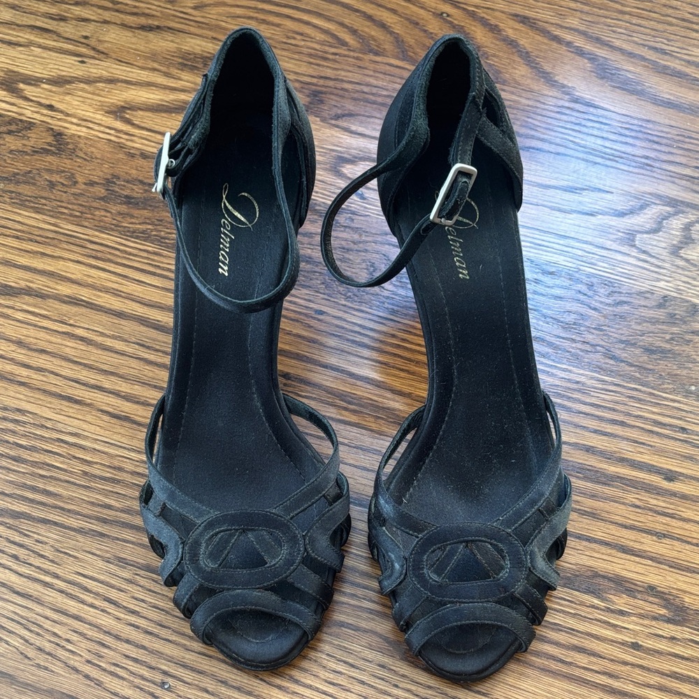 Delman Black Strappy Heels with Buckle